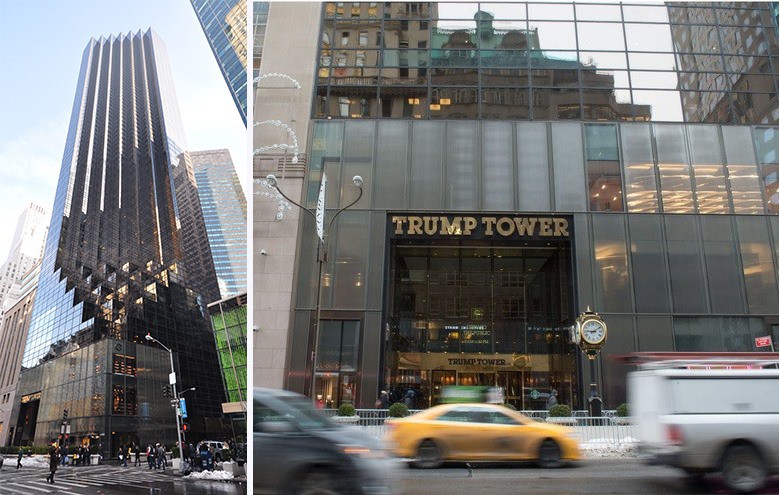 Trump Tower tọa lạc tại thành phố New York. Công trình 58 tầng này mang tính biểu tượng nhất của Donald Trump, đã đem về cho ông 300 triệu đô la Mỹ tiền bán căn hộ. Đây là trụ sở của The Trump Organization và từng là nhà penthouse của Trump trước khi ông chuyển đến Nhà Trắng. Penthouse của ông nổi tiếng xa hoa, nhiều chi tiết được làm bằng vàng 24 carat và đá cẩm thạch. Đồ họa: Khương Duy