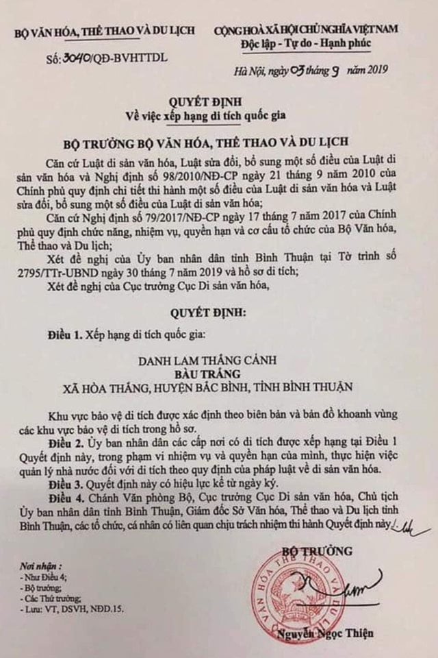 Thắng cảnh Bàu Trắng, huyện Bắc Bình và tuyến đường ven biển Hòa Thắng-Hòa Phú nằm trong Khu Du lịch Quốc gia Mũi Né.